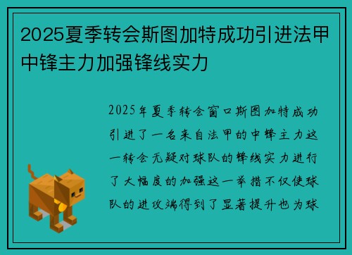 2025夏季转会斯图加特成功引进法甲中锋主力加强锋线实力